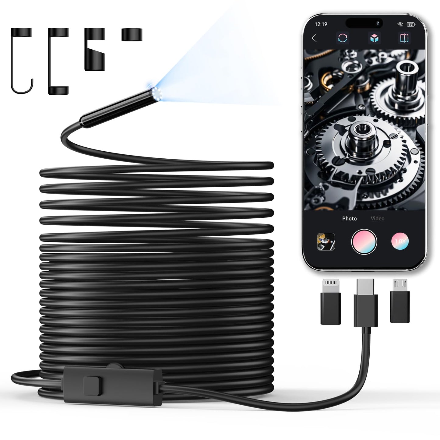 CTEOUNPT Endoscope Camera with Light, 1920P HD Borescope Inspection Camera with 8 Adjustable LEDs, IP67 Waterproof Semi-Rigid Snake Cable for Android, iPhone, and iPad(32.8ft, Single Lens)