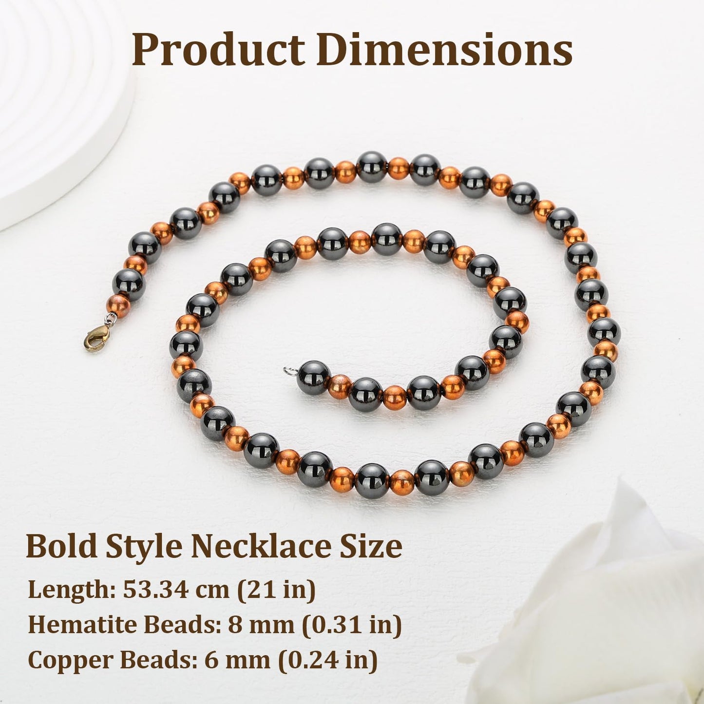 Fashtour Magnetic Hematite for Men and Women, 8MM and 6MM Magnetic Hematite with 6MM and 4MM Pure Copper, 53CM Handmade Energy (CN-Large)