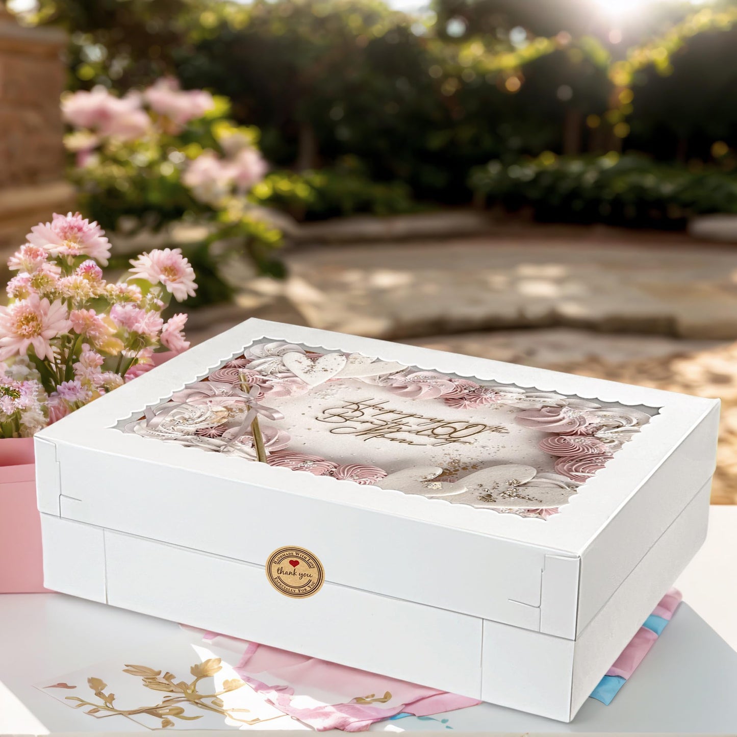 MUMULULU 4 PCS 19x14x4 Inch Cake Boxes with Cake Board White Sheet Rectangular Bakery Boxes with Window for Donuts Cookies Dessert Cupcakes Pastry Baking Pie Packaging