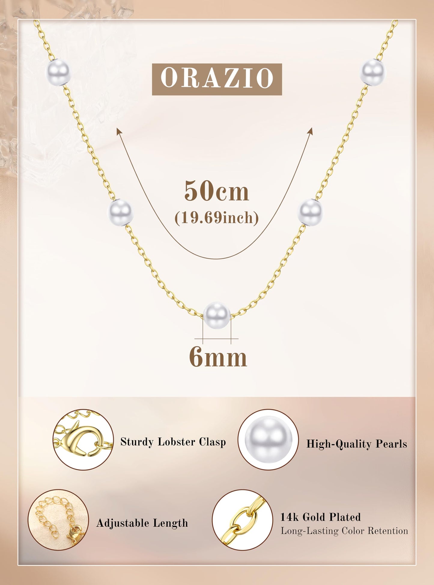 ORAZIO Dainty Gold Pearl Necklaces for Women, 14K Gold Plated Faux Pearl Choker Necklaces Trendy Small Pearl Necklace Strand Wedding Prom Bridal Pearls Jewelry Gifts 20 in 6mm
