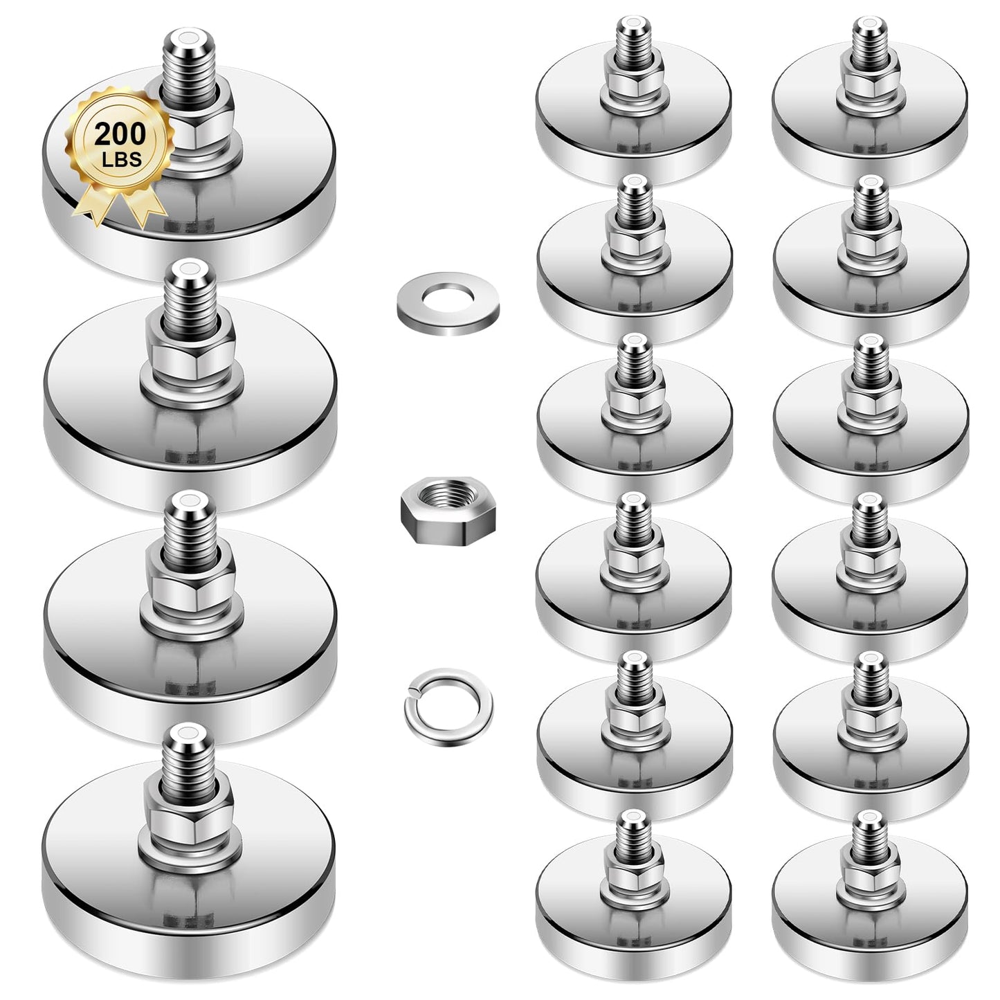 Super Strong Neodymium Round Magnet with M8 Male Thread Nuts Bolts 200 lb Corrosion-Resistant Mounting Magnet for Lighting Camera and Other Brackets Outdoor Tools 44mm D - 16 Packs