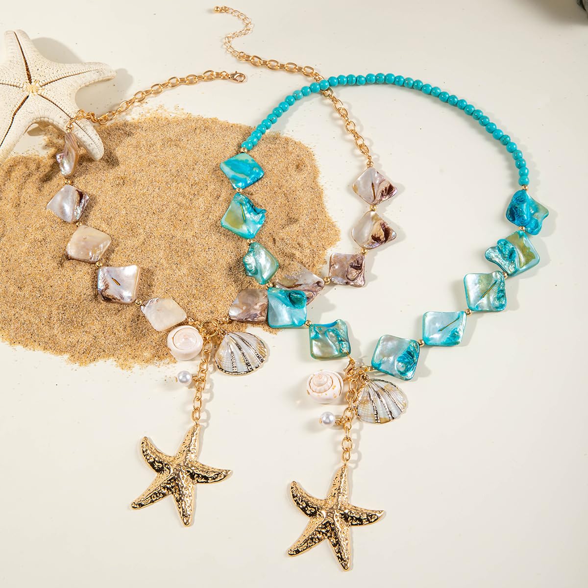 LKingel Gold Starfish Necklaces for Women Beaded Mermaids Starfish Shell Pearl Choker Pendant Necklaces Chunky Beach Necklace Mermaid Charm Necklace Summer Beach Jewelry for Women Gold
