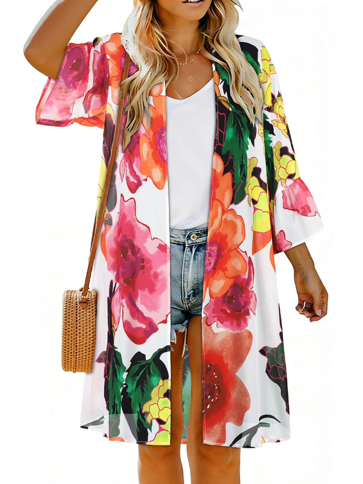 Summer Kimono for Women Cardigan Ruff Sleeve Shirts Chiffon Casual Bathing Suit Cover Up Tops (Pink Rose, L)