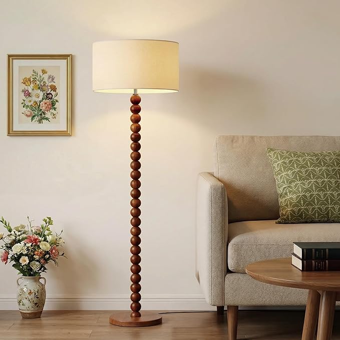 Buruis 61" Beaded Wood Floor Lamp with 17.2" Large Linen Shade, UL Listed, Retro Mid-Century Accent Walnut Finish Standing Lamp for Living Room, Bedroom, Office, Corner, Beige