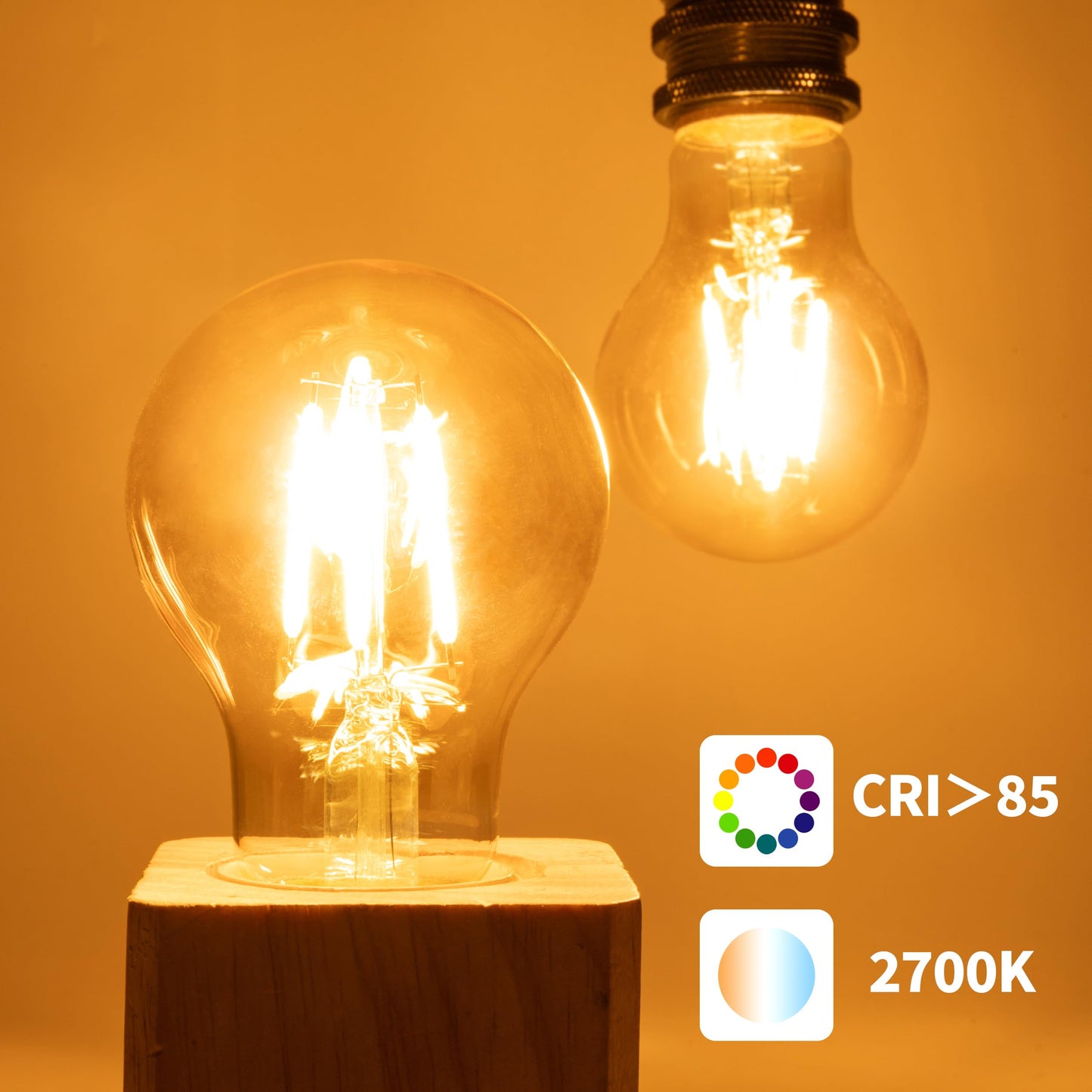 runquiz 2700K Warm Light Edison Bulbs, Vintage Warm Yellow A19 Edison Bulb, Dimmable Amber Led Soft Light Bulbs, Old Style Retro Filament Bulb, 4 Watt, 6 Pack, E26 Base