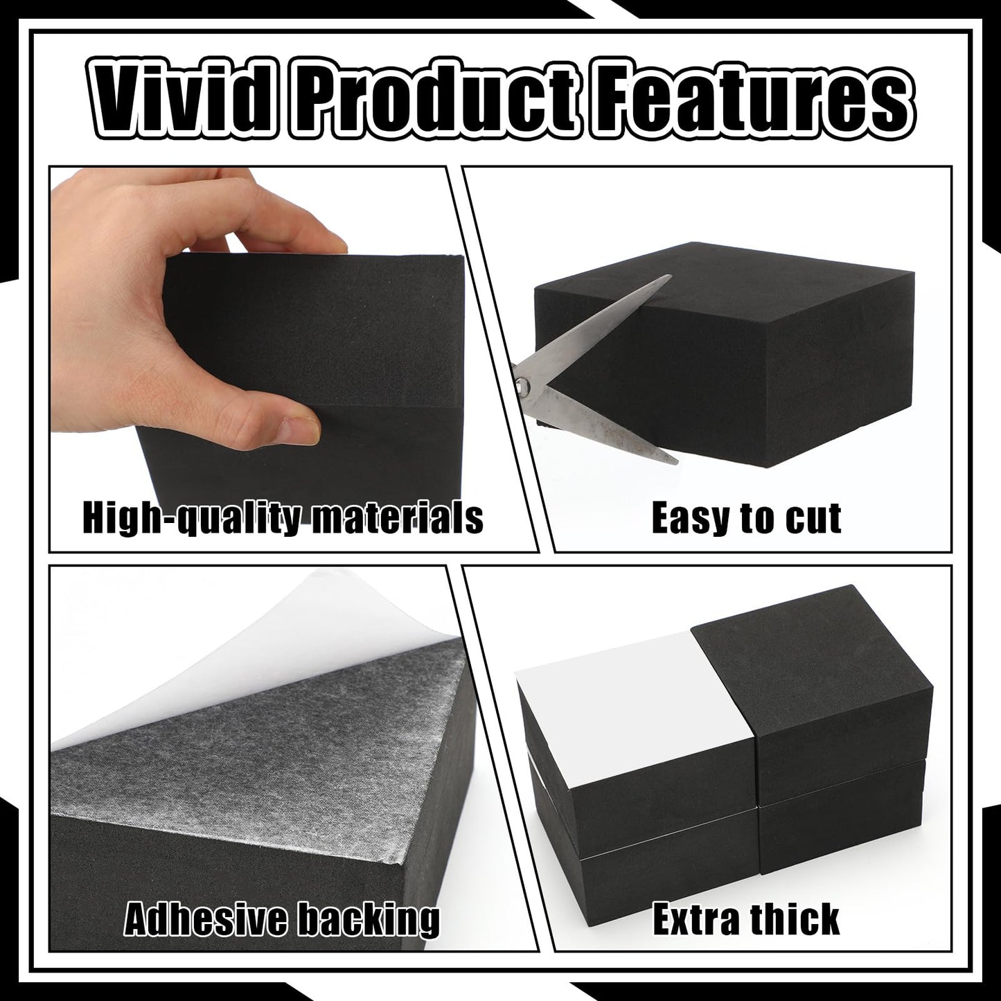 Joyfolk 4 Pcs 2" Thick Foam Padding Sheet with Adhesive Backing Closed Cell 4 Inch x 4 Inch Self Stick Neoprene Insulation Foam Sheet Black for Furniture Cars Speakers
