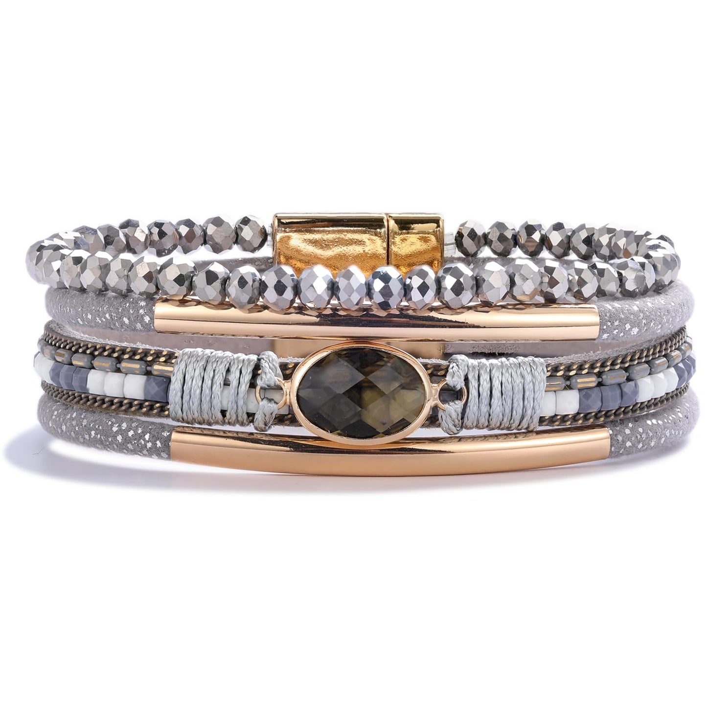 FANCY SHINY Leather Wrap Bracelets Crystal Beads Bracelet Boho Cuff Stone Charm Bracelets with Clasp Costume Jewelry for Women(Grey)