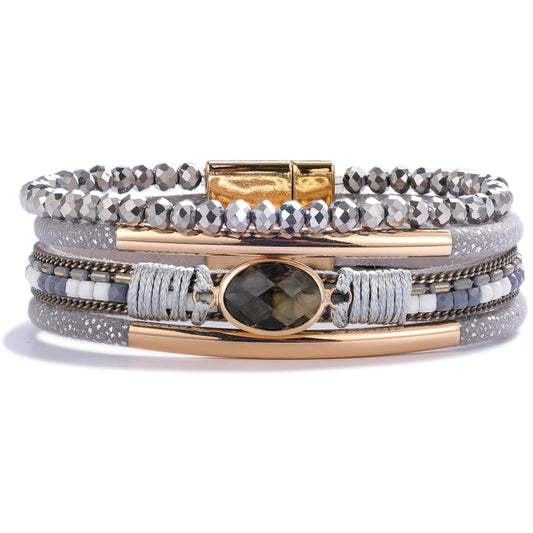 FANCY SHINY Leather Wrap Bracelets Crystal Beads Bracelet Boho Cuff Stone Charm Bracelets with Clasp Costume Jewelry for Women(Grey)
