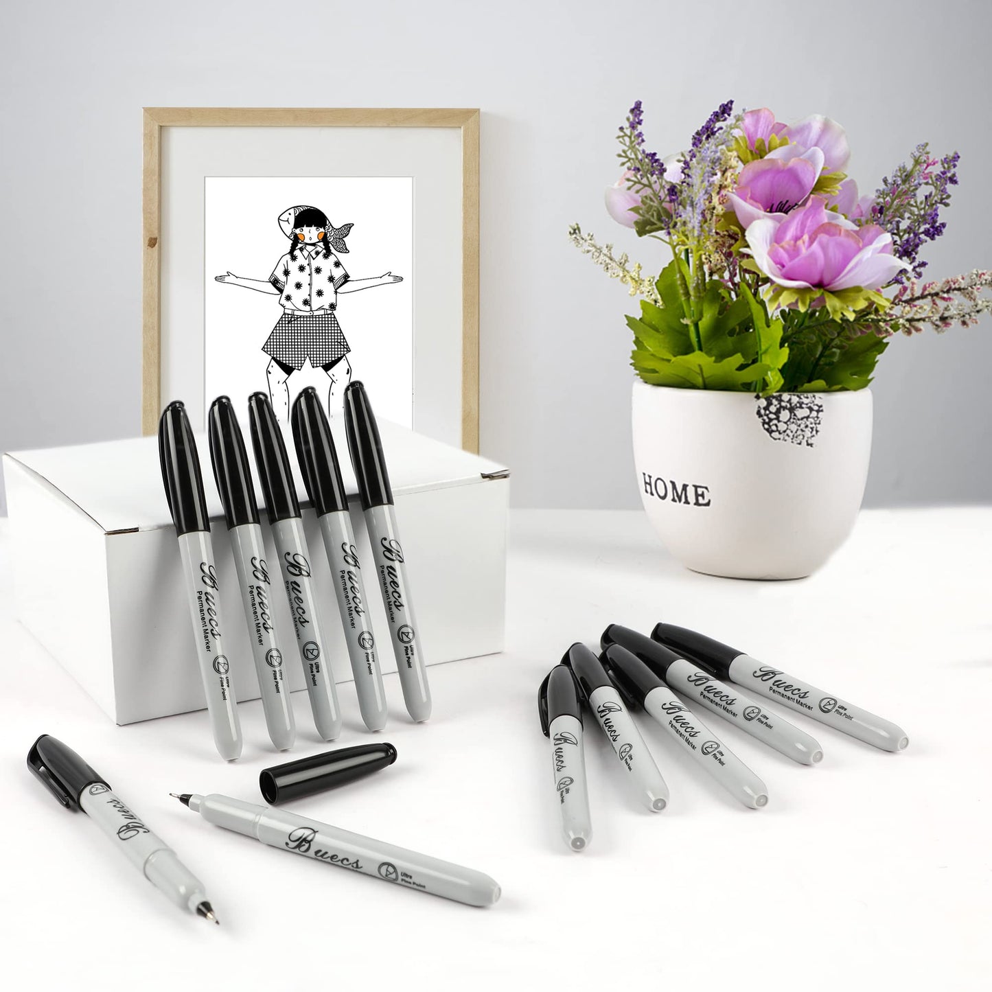 Buecs Permanent Markers, 60 Count Ultra Fine Point Black Permanent Markers, Works on paper, Plastic, Stone, Glass, Metal