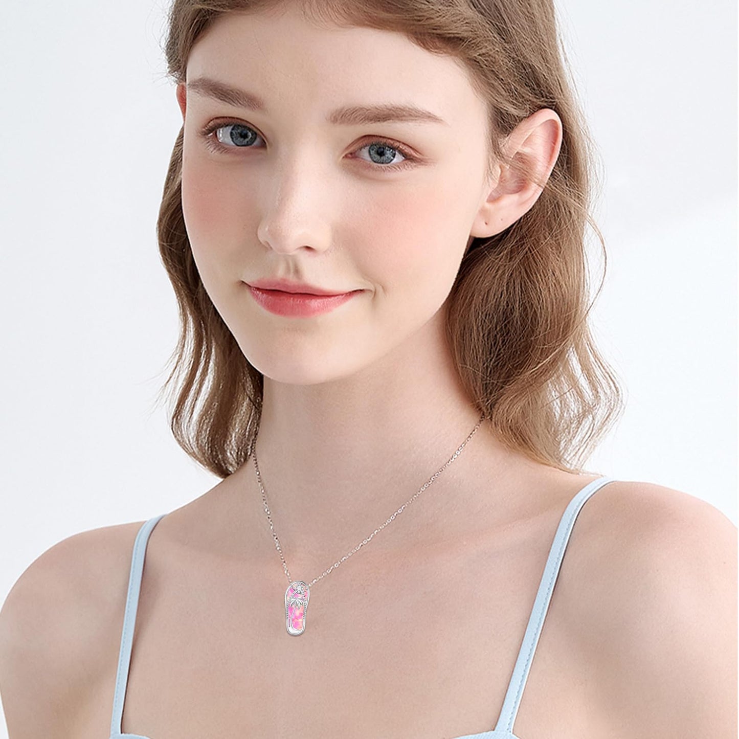 Midir&Etain Flip Flop Necklace 925 Sterling Silver Beach Palm Tree Pendant Hawaiian Pink Opal Necklace Flip-Flop Opal Beachy Jewelry for Women Prime
