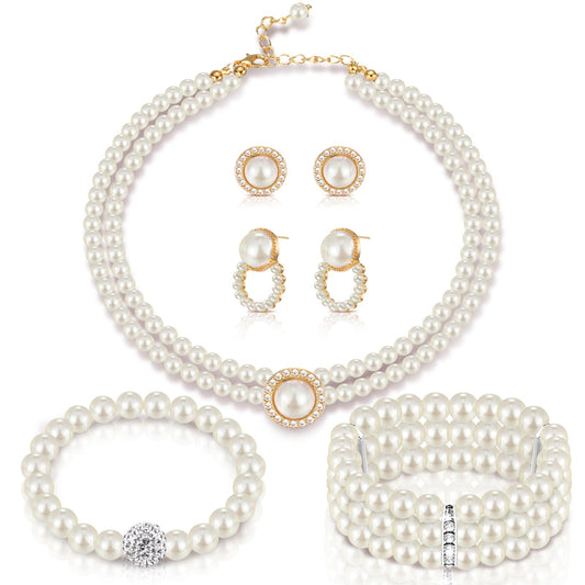 Glenmal Pearl Rhinestone Jewelry Set for Women Pearl Necklace Bracelet Earrings for Wedding Birthday Bridal Shower Tea Party(Trendy Style)