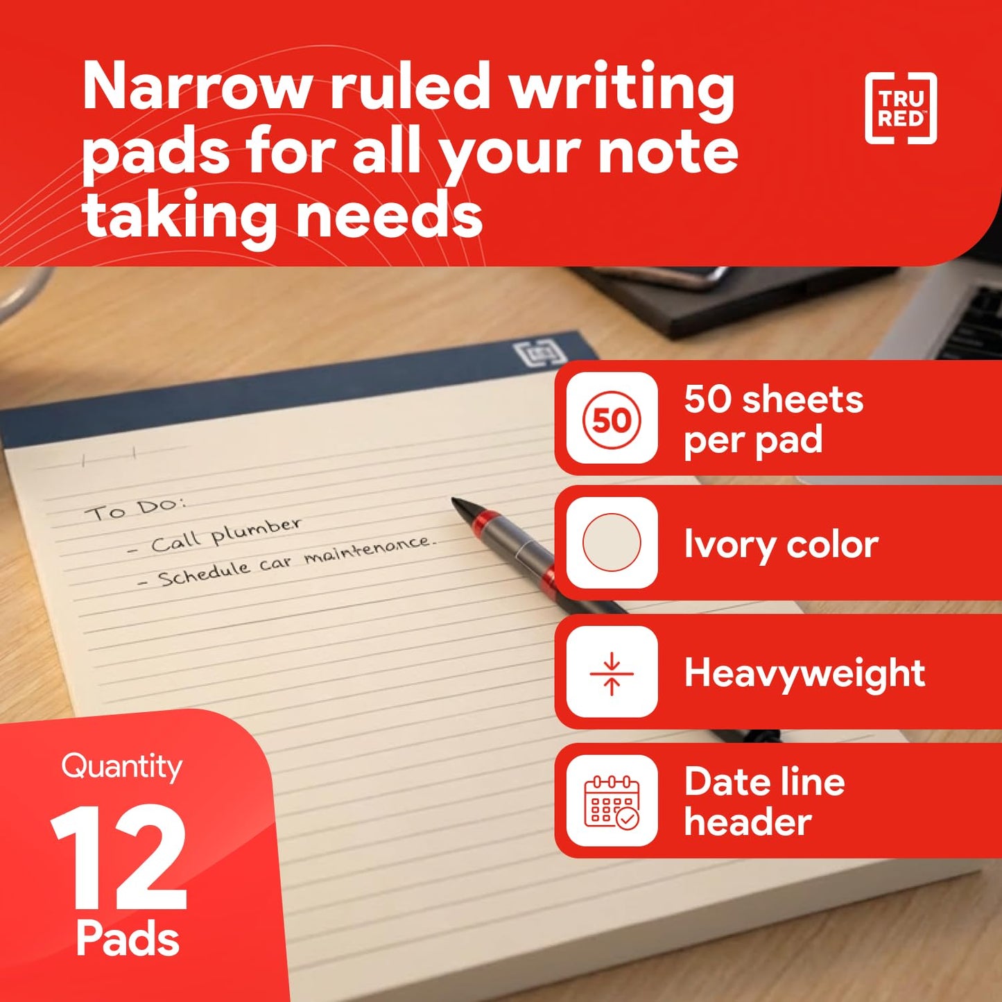 TRU RED Notepads, 8.5” x 11.75”, Narrow Ruled, Ivory, Perforated, 12‑Pack