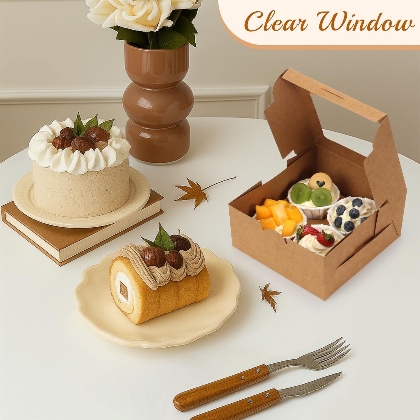 OAMCEG 30 Pack Cupcake Boxes with Window, 6x6x3 Inches Cookie Boxes, Bakery Treat Boxes for Pastry, Desserts, Chocolate Strawberries, Cupcake Containers, Gift Giving with Stickers & Twine （Brown）