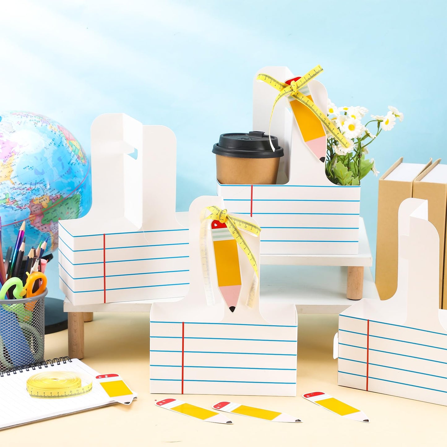 Reallnaive 12 Set Teacher Appreciation Gifts 2 Cup Drink Carrier with Greeting Card Ribbon Disposable Cup Holders with Handle for Back to School End of Year Party Favors (White,Stripe)