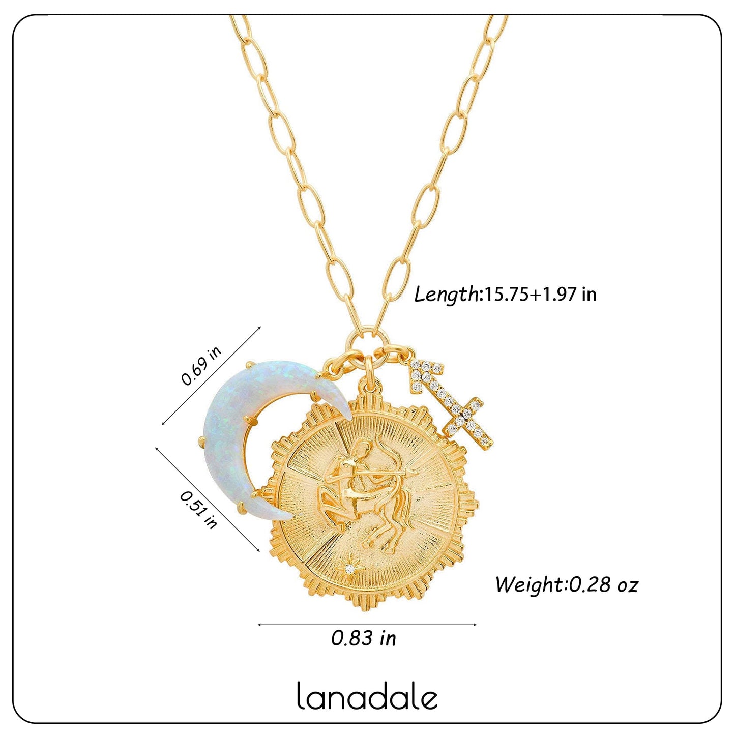 Lanadale Dainty Gold Sagittarius Zodiac Coin Opal Crescent Moon Charm Necklace for Women Trendy 18K Gold Plated Retro Paperclip Chain 12 Constellation Horoscope Necklaces Astrology Jewelry Gifts