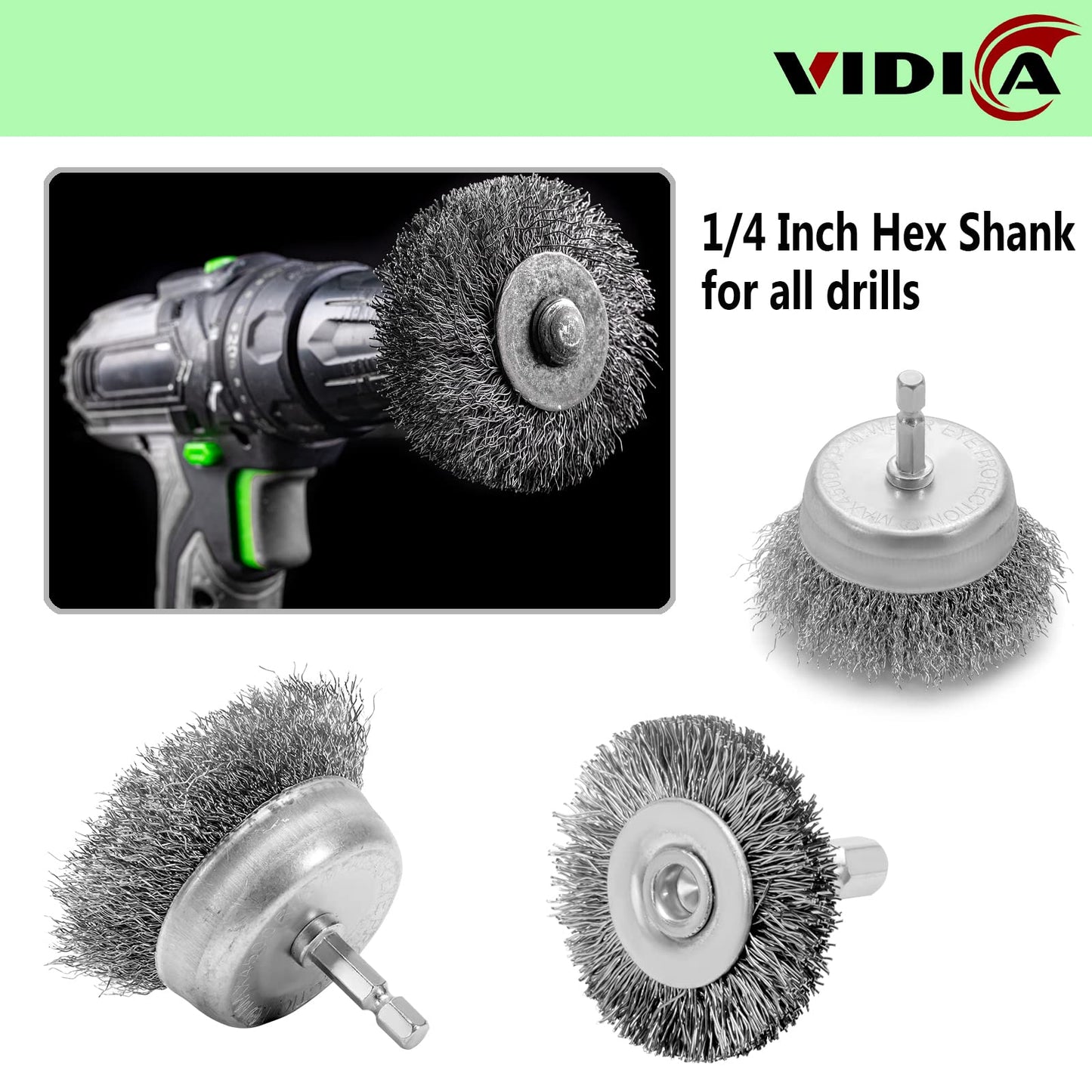 VIDICA Wire Brush Set 20 Pcs, 1/4 Inch Hex Shank Wheel for Drill, Carbon Steel Brush Set for Cleaning Rust