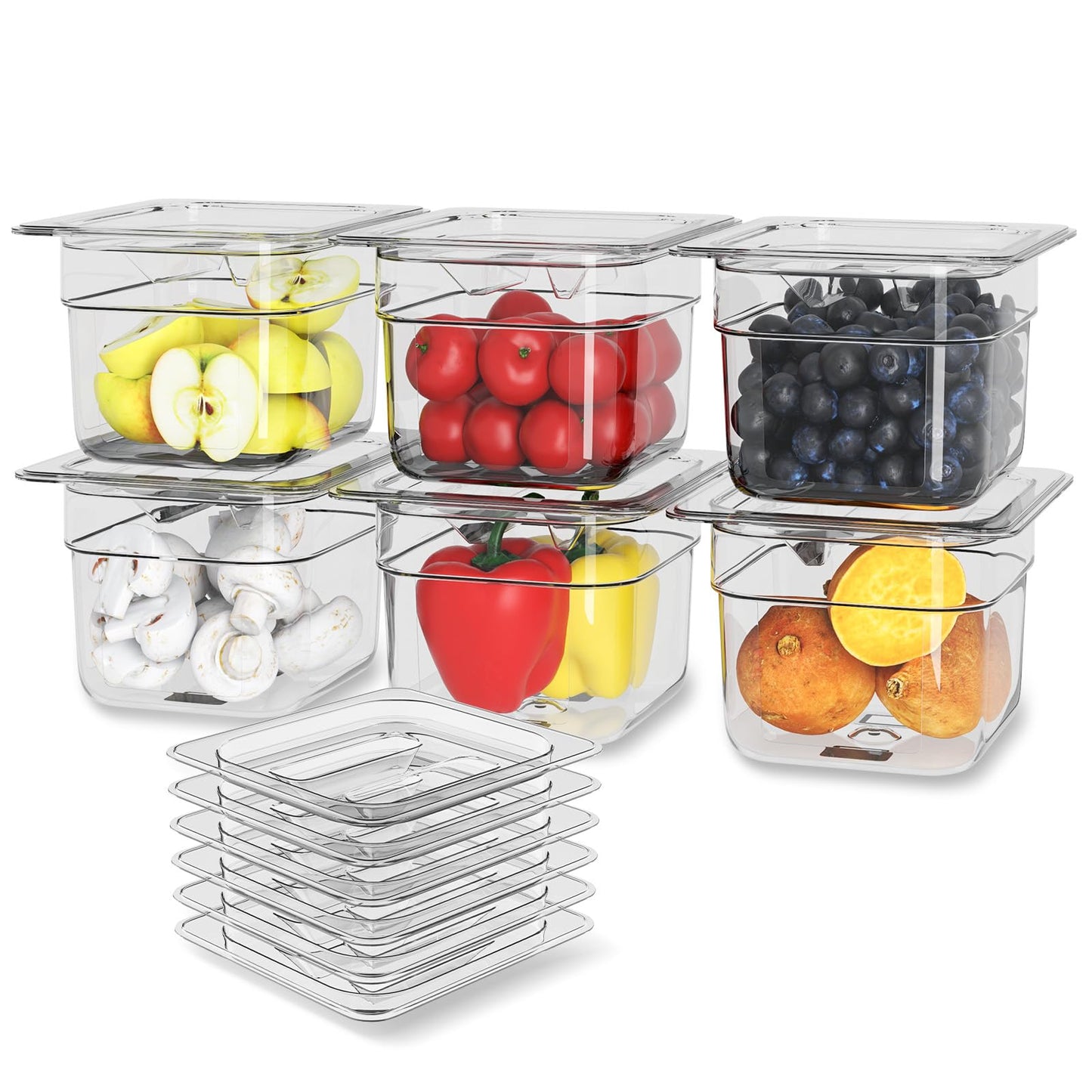 HNEDSEN 6 Pack Plastic Food Pan with Lid 1/6 Size 4 Inch Deep Restaurant Clear Food Storage Containers with lids Polycarbonate Commercial Hotel Pans for Fruits Vegetables Beans Corns (6 PCS, 4'' Deep)