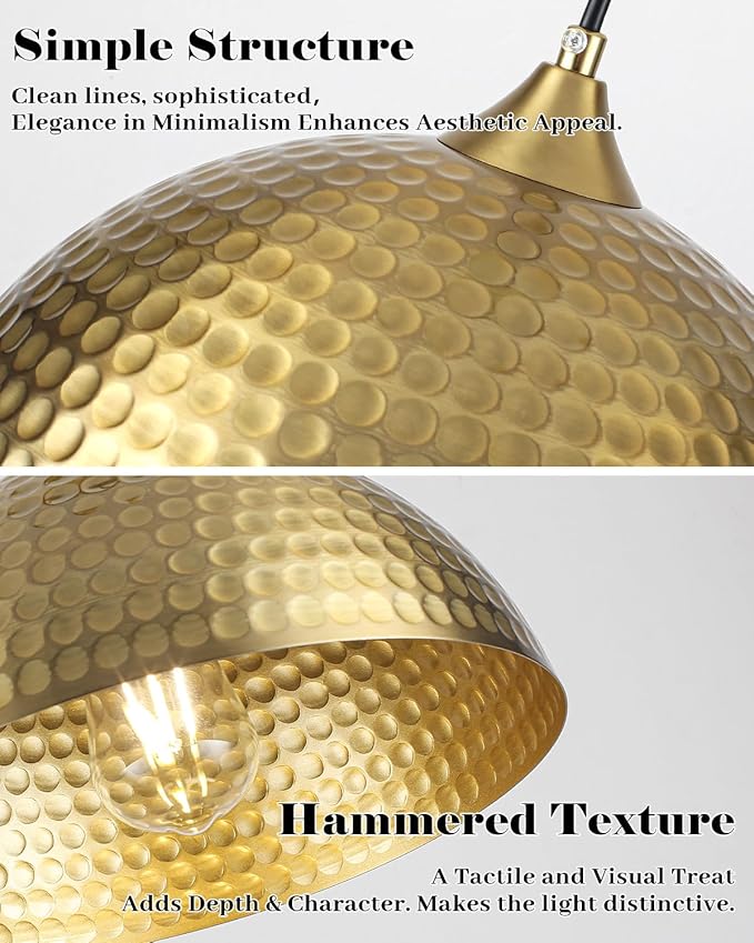 Gold Pendant Lights Kitchen Island 2 Pack, 12 Inch Hammered Dome Pendant Light, Farmhouse Kitchen Pendant Lights, Industrial Hammered Pendant Light for Kitchen, Dining Room, Barn