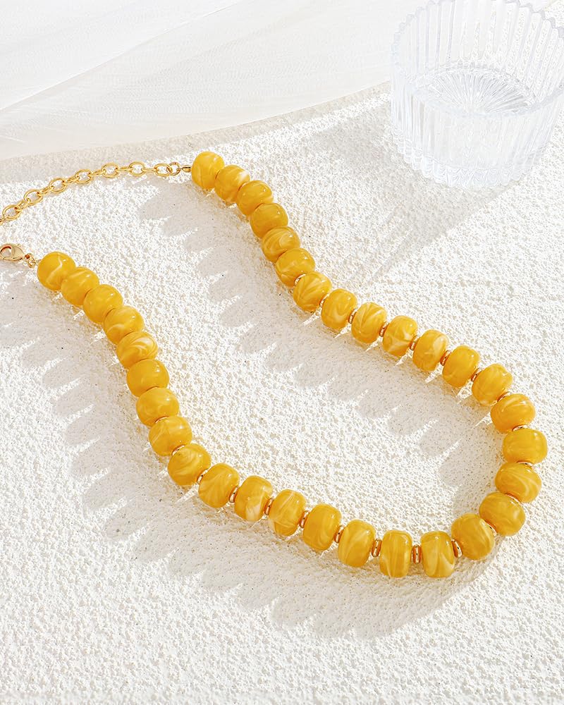 FAUTHENTICUTE Yellow Beaded Choker Necklace for Women Boho Chunky Statement Necklaces Trendy Yellow Bead Beach Necklaces Summer Western Jewelry Everyday Necklace Gift for Women