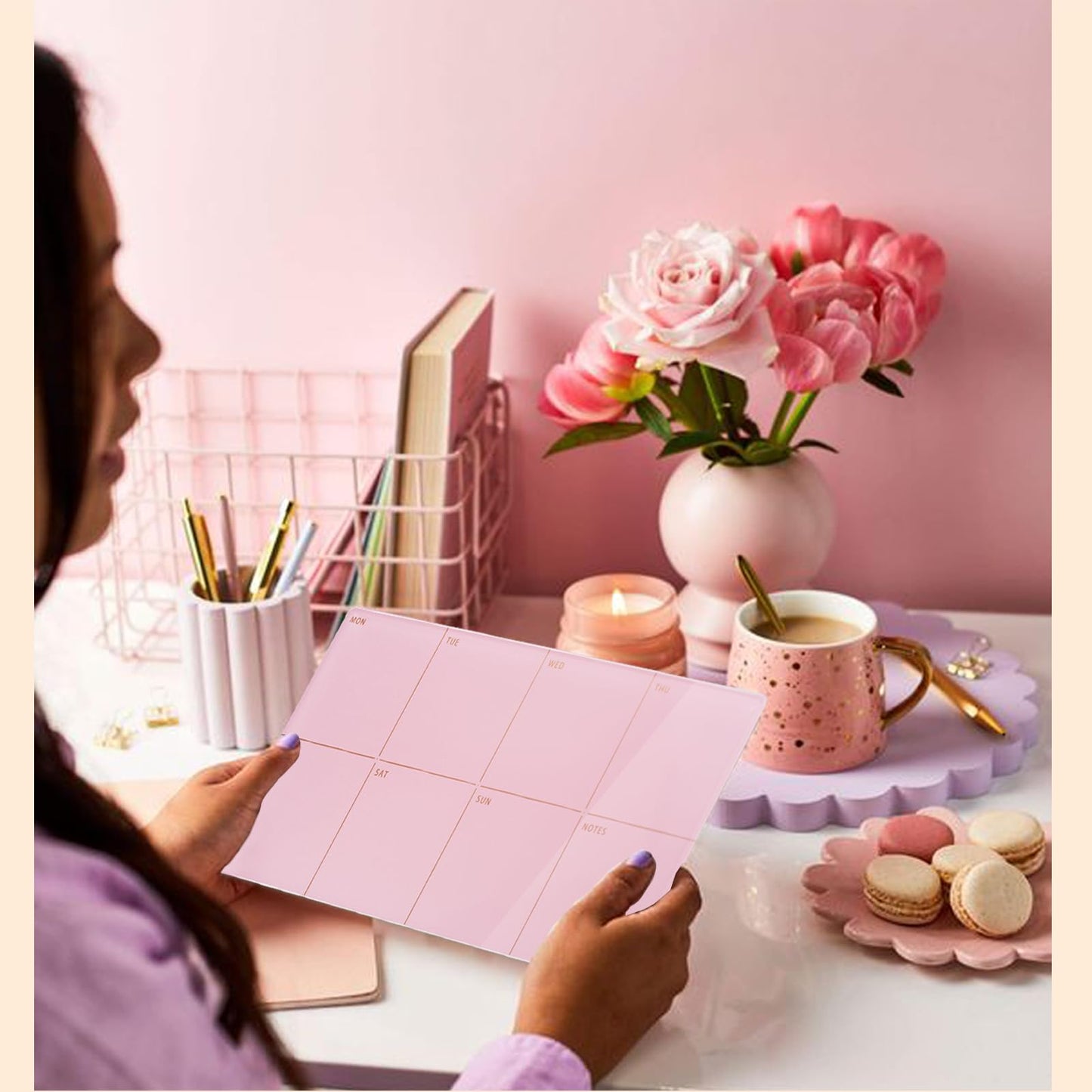 Marribol Desktop Acrylic Weekly Planner Whiteboard with Stand,12"X6"-Small,Dry Erase Weekly Planner for Desk,Acrylic Desk Calendar Dry Erase,Pink Dry Erase Board for Office Home School-ZMZL-P-1530