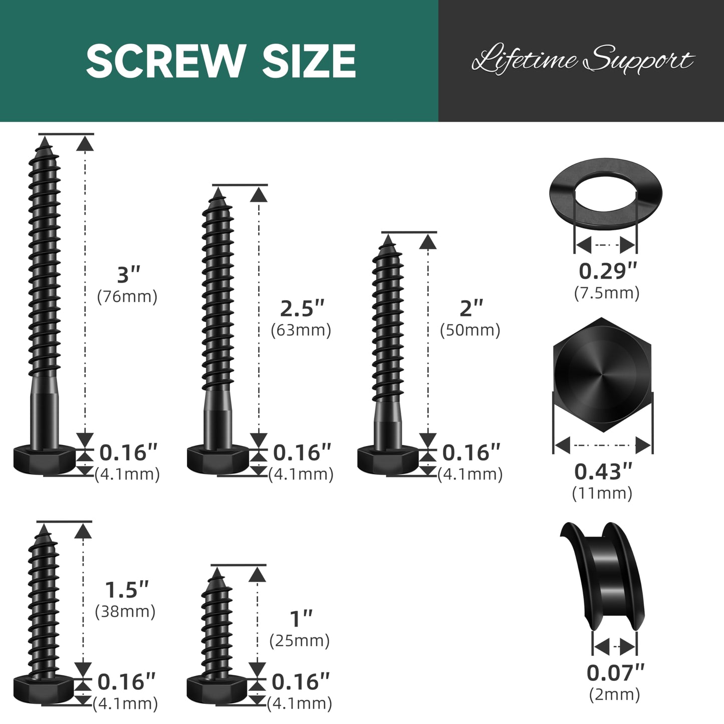 EASTPUK 109Pcs 1/4 Hex Head Lag Bolts Screws Assortment Kit, Heavy Duty Lag Screws with Washers, 304 Stainless Steel, 1/4 Bolt for Wood, Fully Thread, Black Oxided with Hex Socket