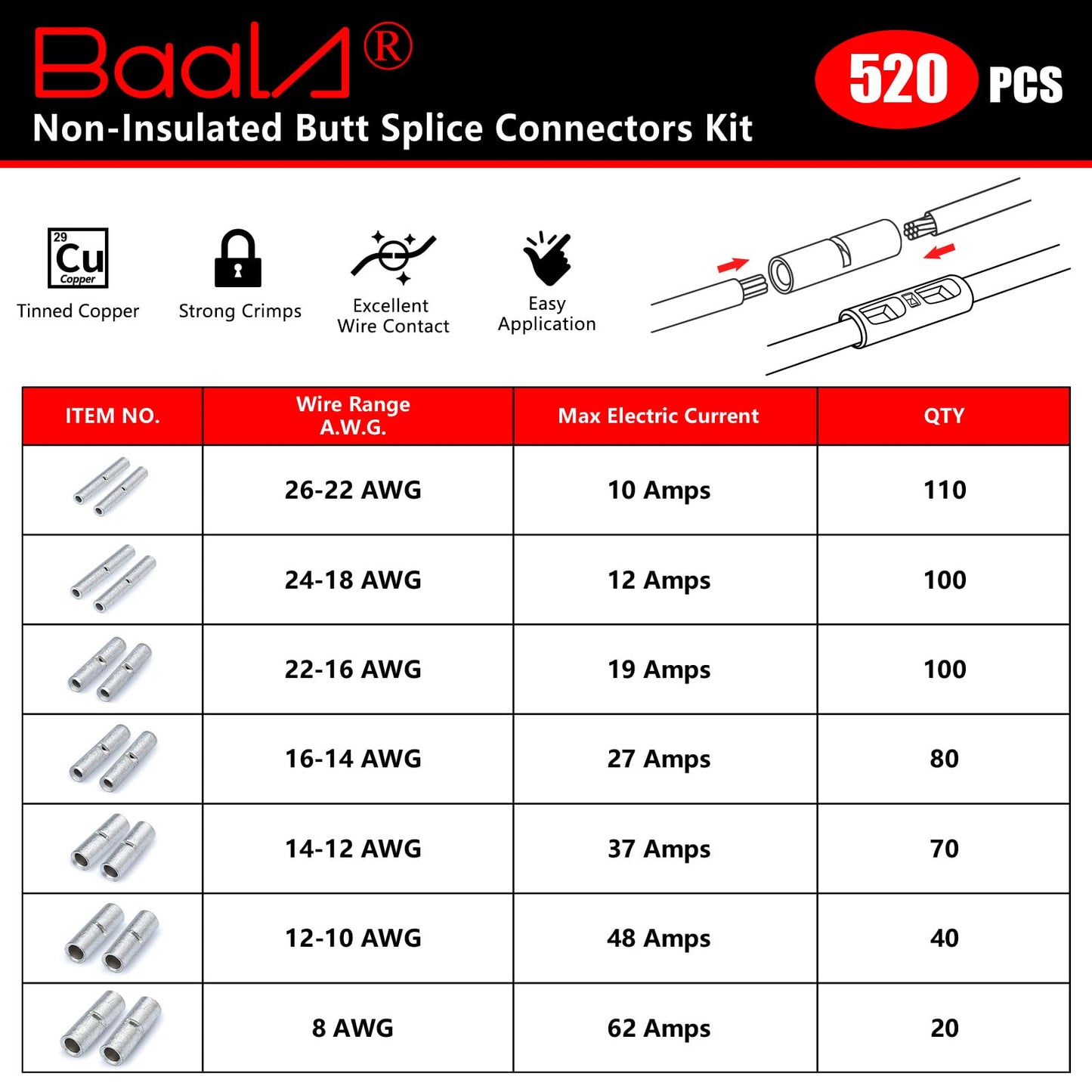 BAALA 520 PCS Non Insulated Butt Connectors Kit,26-8 Gauge Butt Splice Connector Uninsulated Wire Splice Connectors, Tinned Copper Marine Grade Seamless Barrel Crimping Butt Terminals