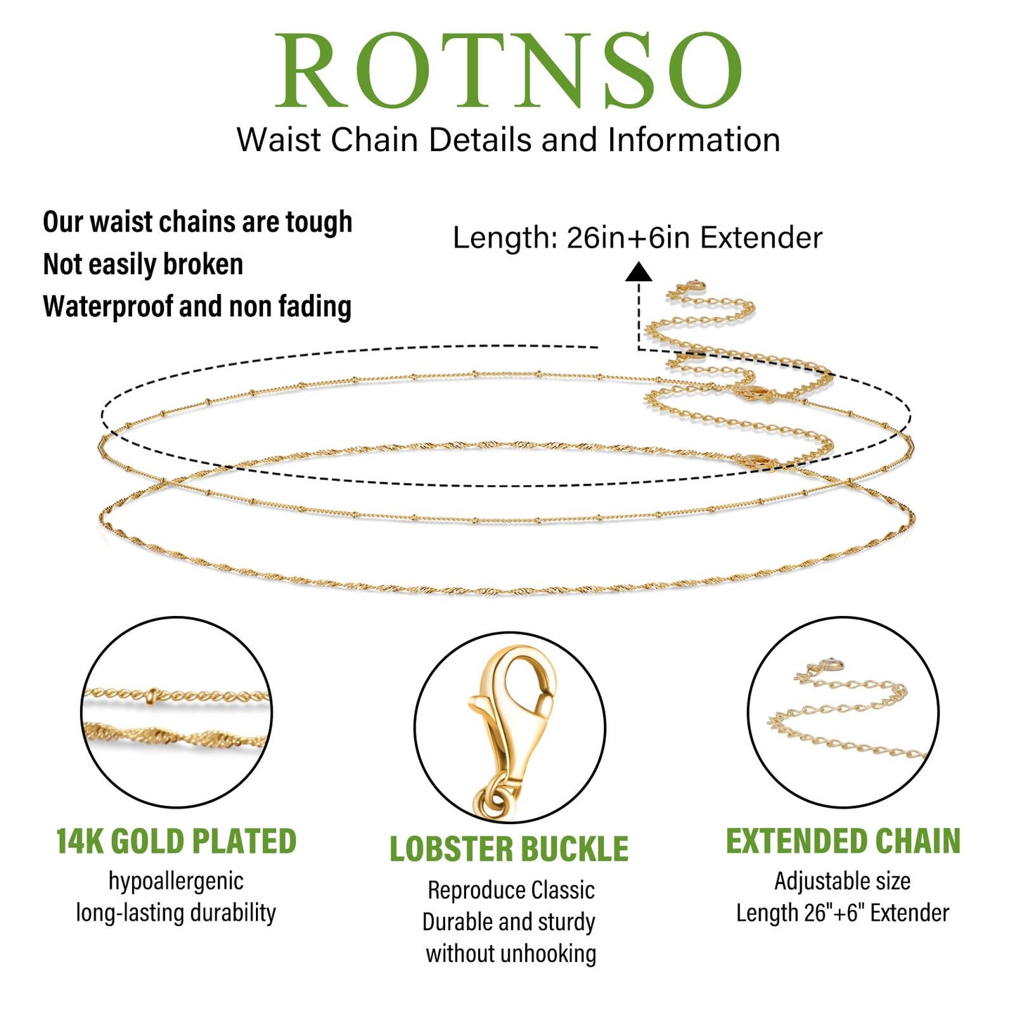 Rotnso 14K Gold Plated Body Chains Dainty Boho Layered Beach Waist Bead Chain Adjustable Bikini Belly Chain Jewelry Accessories for Women Sexy