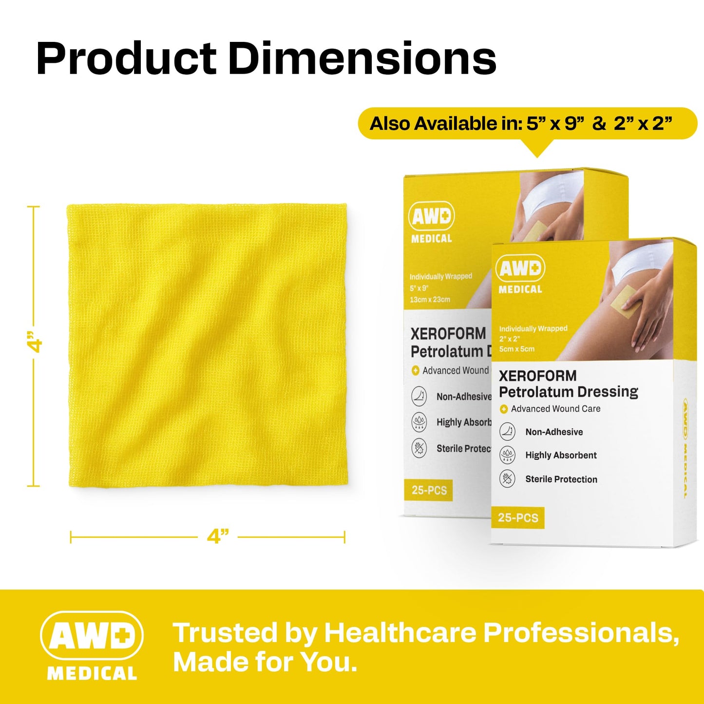 AWD Medical 4"x4" Xeroform Petrolatum Dressing, Non-Adherent Sterile Mesh Gauze for Burns, Skin Grafts, Surgical Wounds & Lacerations, Individually Wrapped (25 Count)