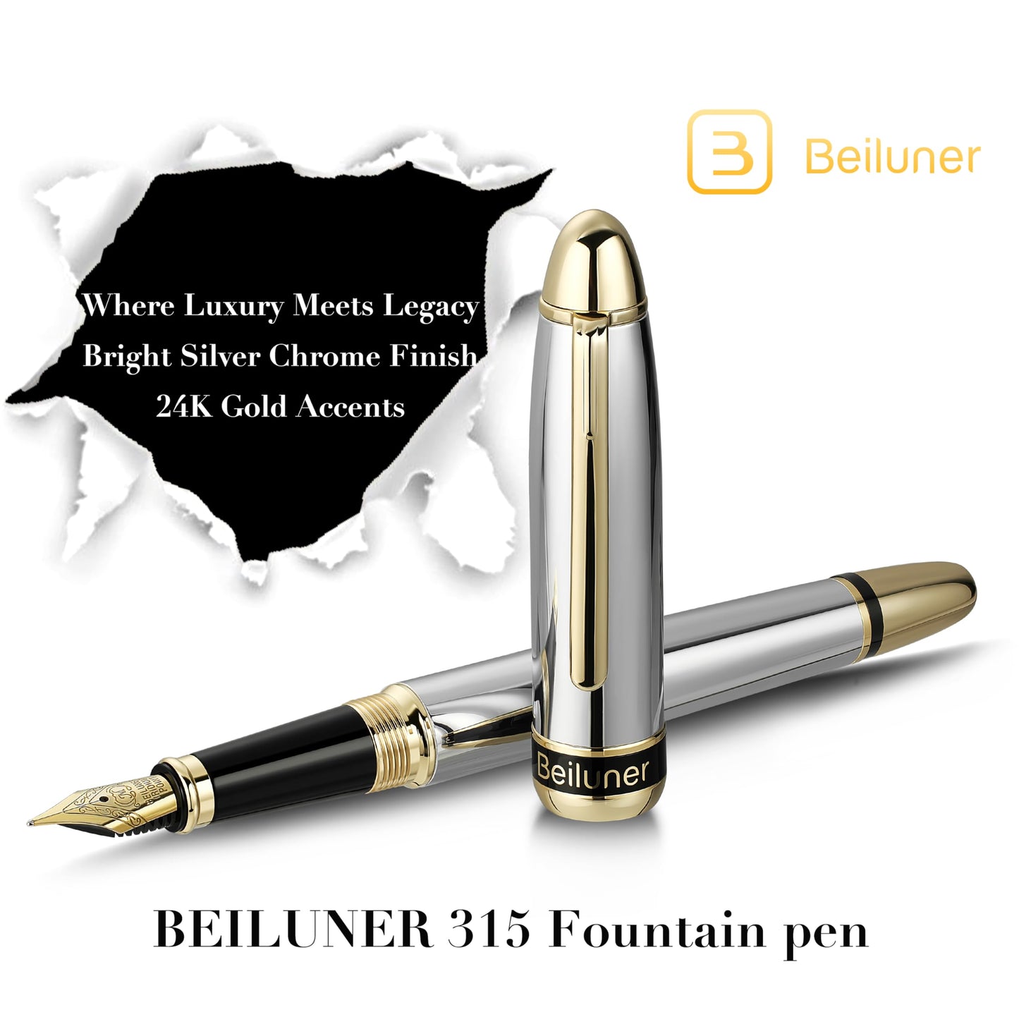 BEILUNER 315 Silver Chrome Fountain Pen,Stunning Luxury Pens with 24K Gold Accents, Gorgeous 24K Gilded Nib(Medium), Ink Converter,Fancy Pen Gift for Men&Women-Elegant, Office, Reliable, Nice Design