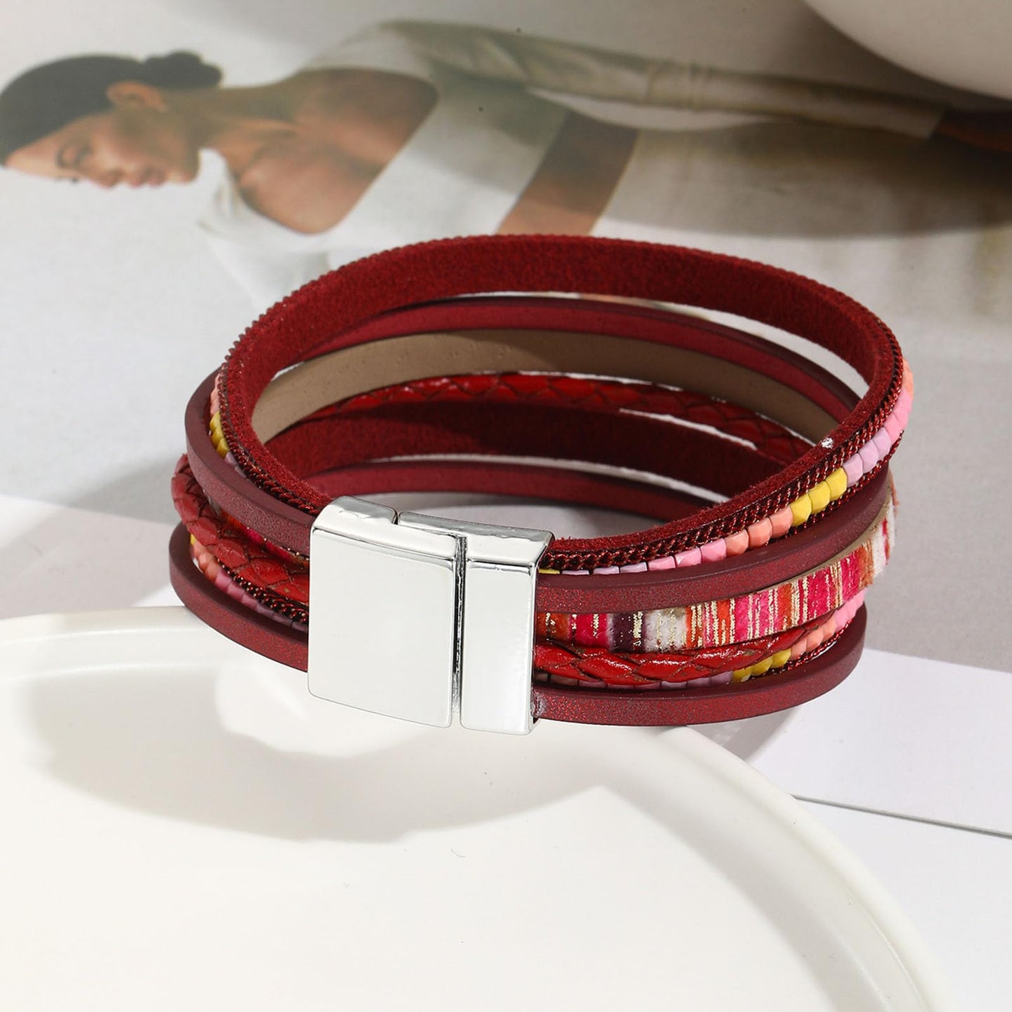 VIBILIA Boho Leather Wrap Bracelets for Women Trendy Layered Multi-Layer Bracelets with Strong Clasp Jewelry for Women - Red