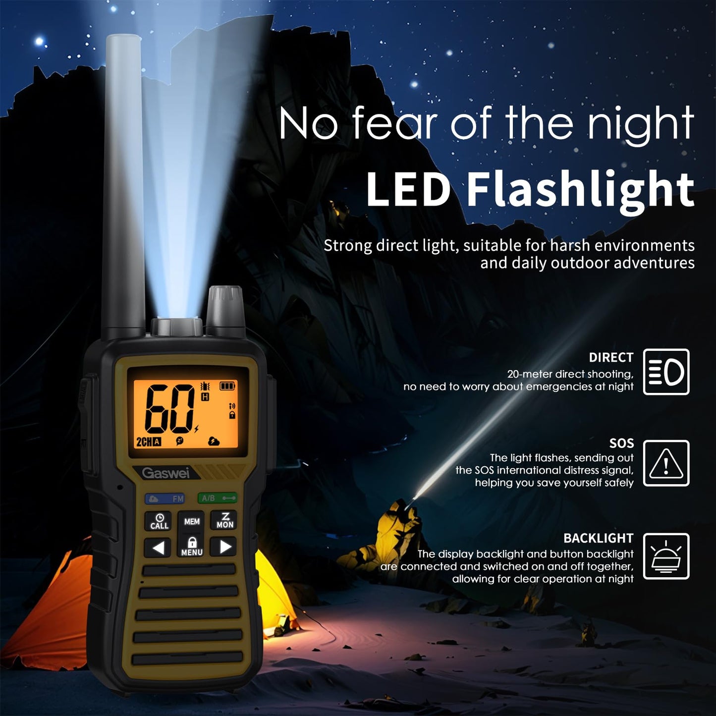 Gaswei GU1 Long Range Walkie Talkies, 2 Way Radio Walkie Talkie with Flashlingts, 60 Channels & 121 Privacy Codes, NOAA Weather Alert, VOX, FM Radio, SOS for Job Site, Hiking, Camping (Yellow)