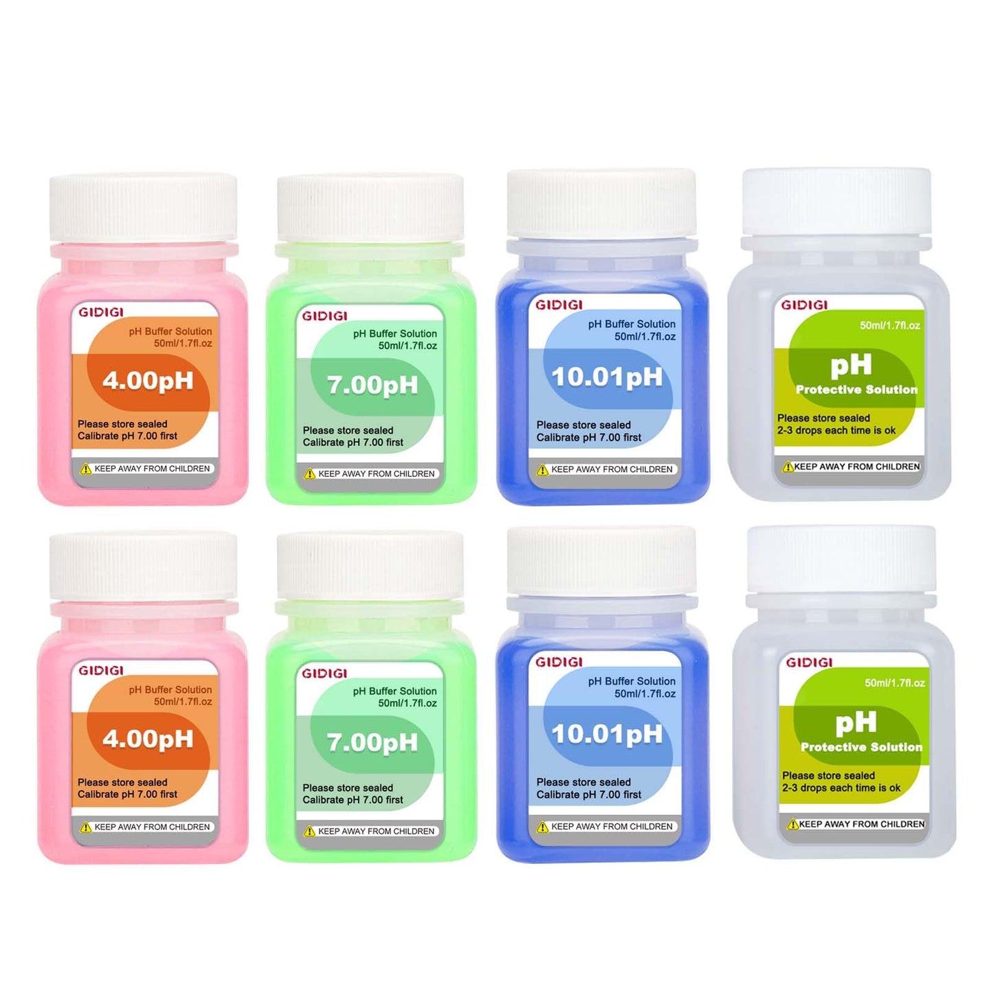 GIDIGI pH Meter Calibration Solution Kit, pH Buffer Solution 4,7,10 50ml*6 and KCL pH Probe Storage Solution 50ml*2, pH Pen Storage Solution for Accurate Calibration of All pH Testers