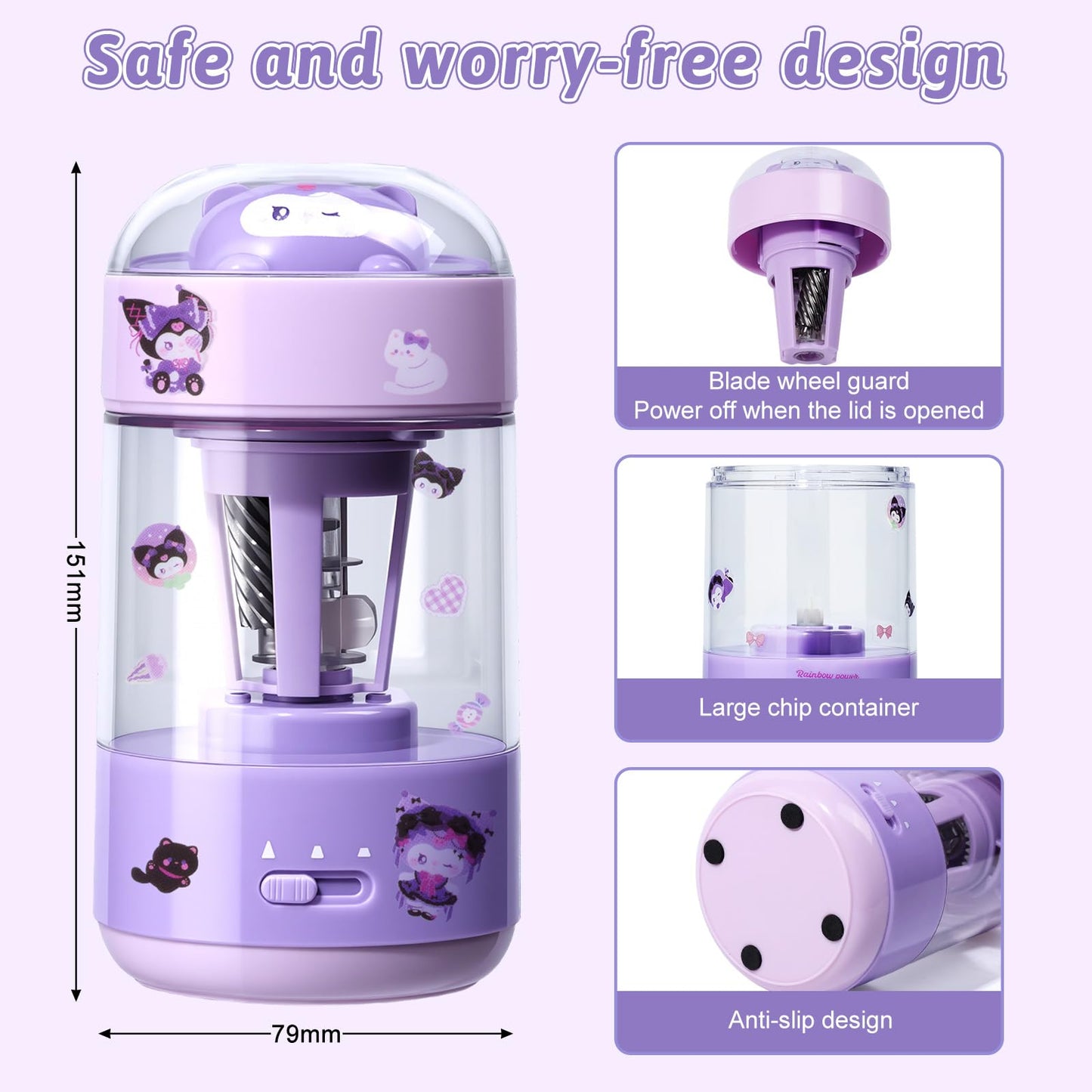 Rechargeable Automatic Electric Pencil Sharpener, Auto in & Out 3 Adjustable Thickness, Type-C Charging, Cute DIY Stickers, for 6-8mm Pencils, 3s Fast Sharpening, Ideal for School & Home (Purple)