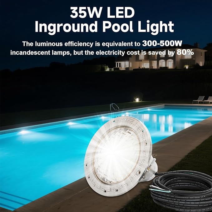 120V Pool Lights for Inground Pool, 10 Inch LED Pool Light with 50FT Cord, 35W Swimming Pool Lights Fits 10'' Large Wet Niche, Stainless Steel Housing, Cool White 4000LM,IP68 Waterproof