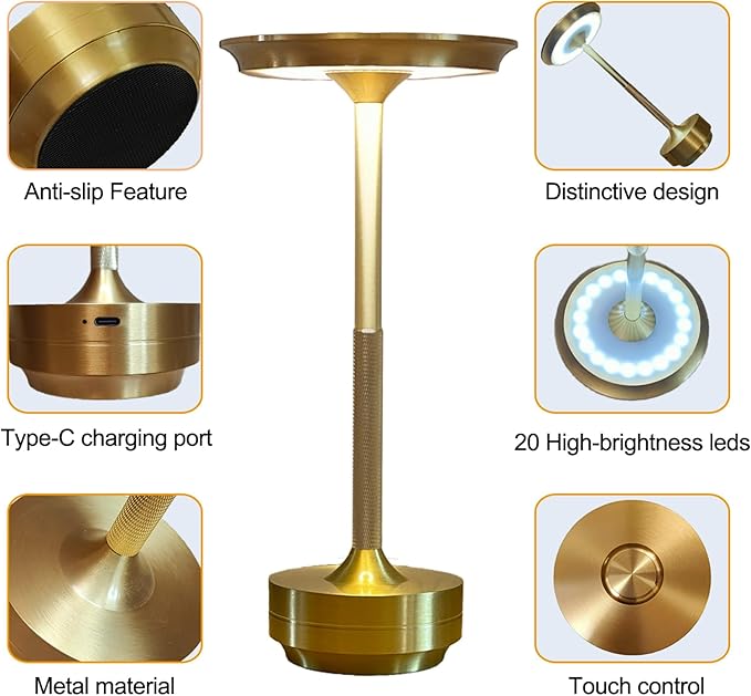 Ecolume Cordless Table Lamp,LED Portable Battery Operated Lamp, Dimmable Stepless 3-Color LED with Memory Function. Portable for Home Office/Dinner/Restaurant/Living Room.(Gold&2Pack)