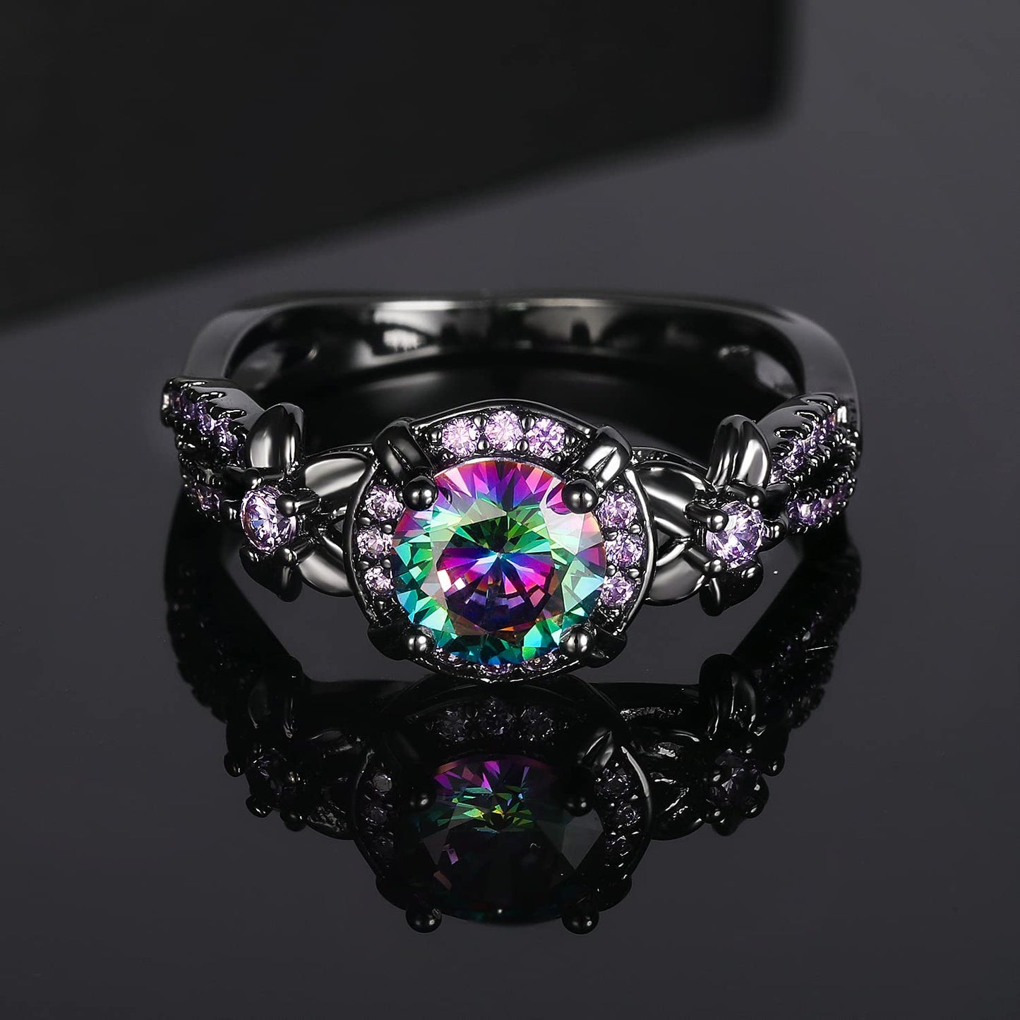 Women Eternity Rings 18K Black Gold Plated Rainbow CZ Created Amethyst Gemstone Wedding Engagement Band for Bride Dainty Jewelry Gifts (10)