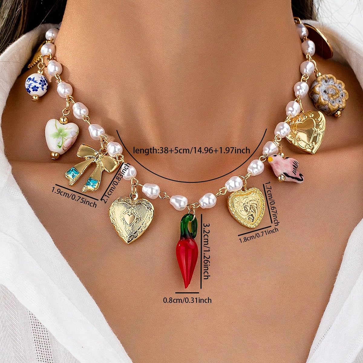 BlingNook Gold Charms Necklace For Women, Colorful Charm Beachy Fish Conch Seashell Heart Pepper Cool Ocean Layered Stackable Summer Holiday Jewelry (Red Pepper)