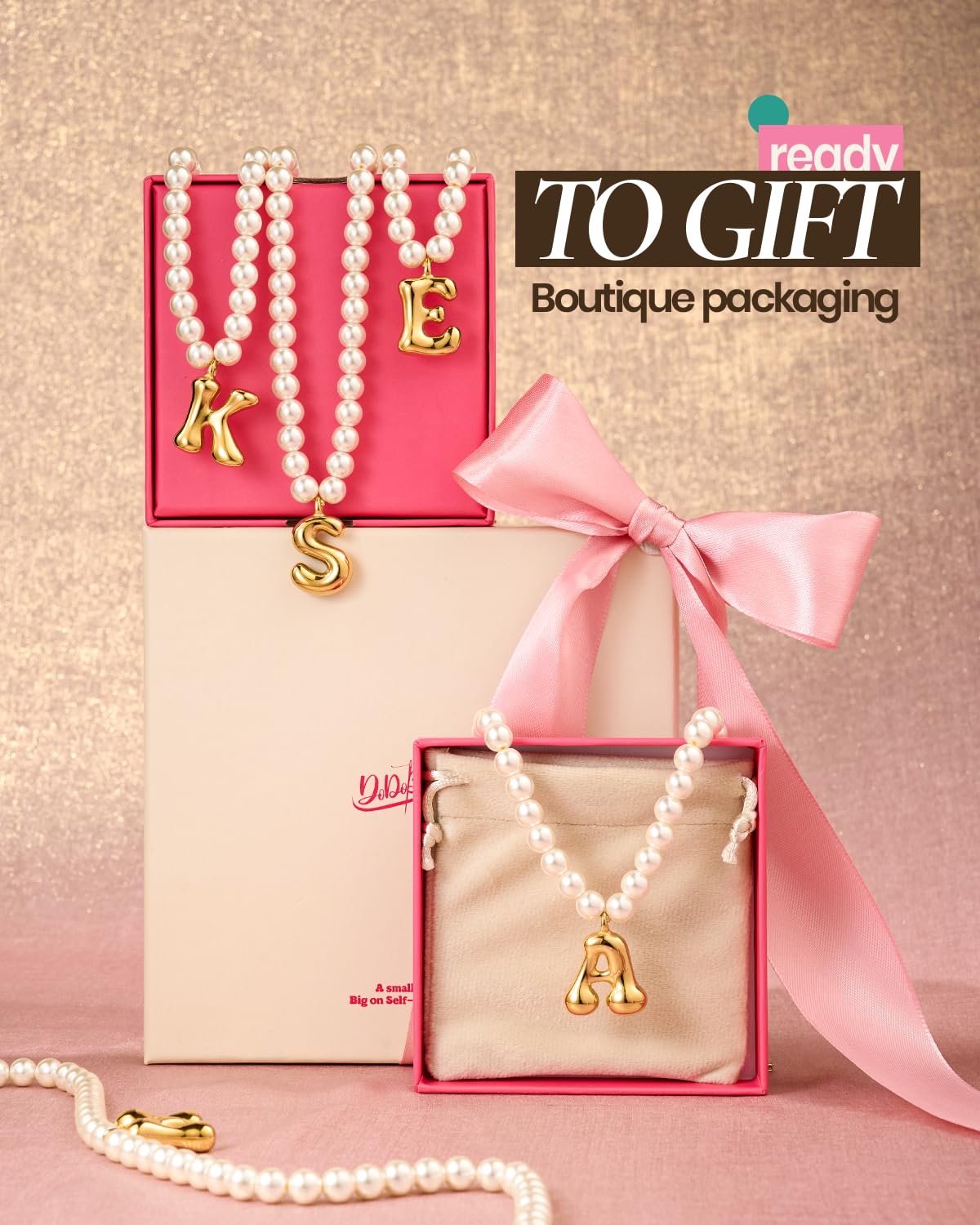 DoDoBeads Pearl Initial Necklace, 18K Gold Plated Stainless Steel Balloon Letter Pendant B, Non-Tarnish Waterproof Chunky Monogram Jewelry Gifts for Women Teens