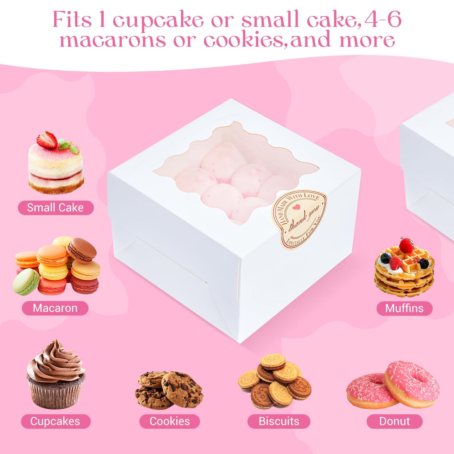 Homrelaxy 200pcs White Cookie Boxes with Window, 4x4x2.5 Inches Small Bakery Boxes with Stickers, for Mini Cake, Macaroon, Cupcakes, Treat Dessert, Candy, Donuts, Cookies, Strawberries, Chocolate