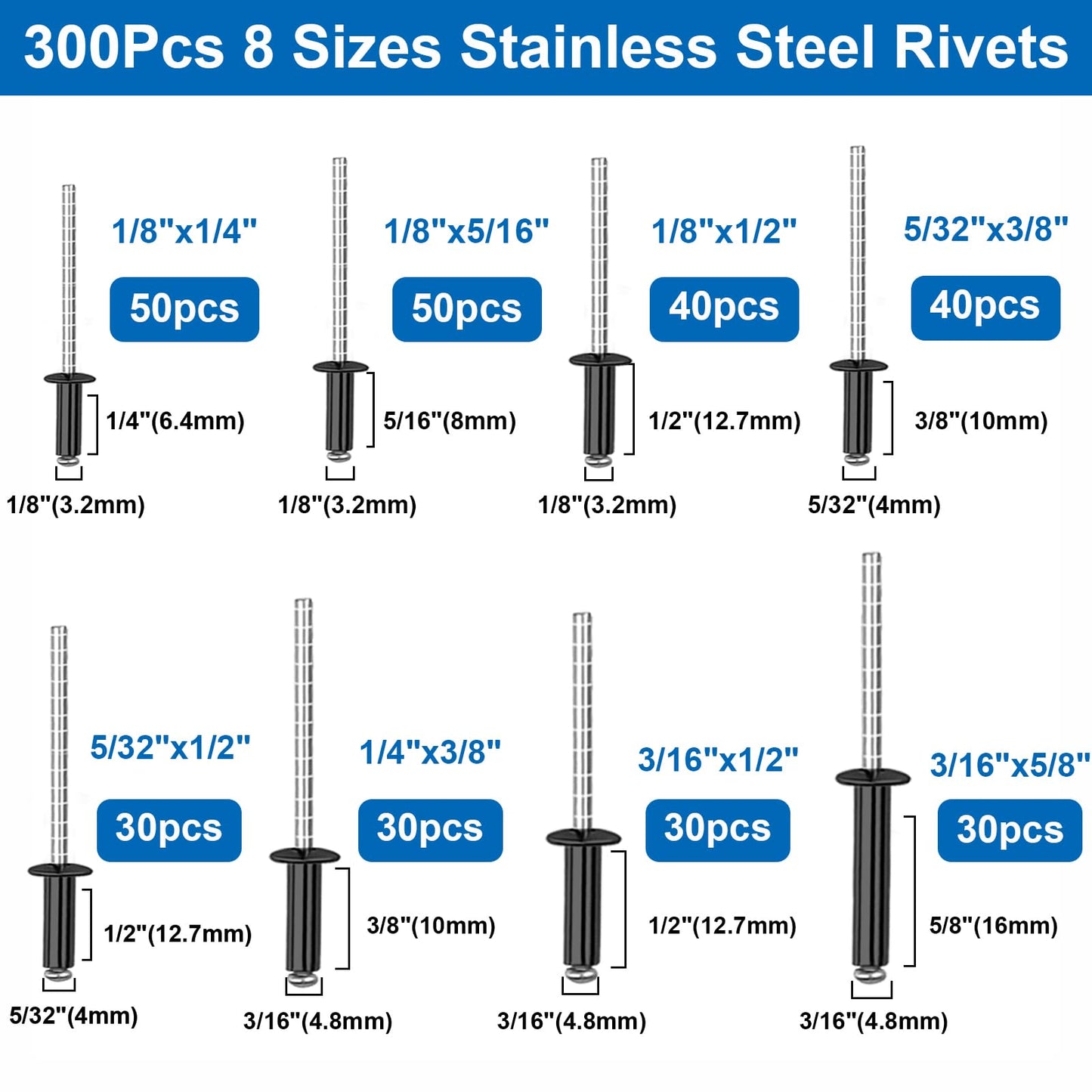 smseace 600Pcs Stainless Steel Black Pop Rivets with Washer Assortment Kit 8-Sizes Stainless Rivets(1/8Inch 5/32Inch 3/16Inch) for Metal,Furniture,Automotive,Instruments