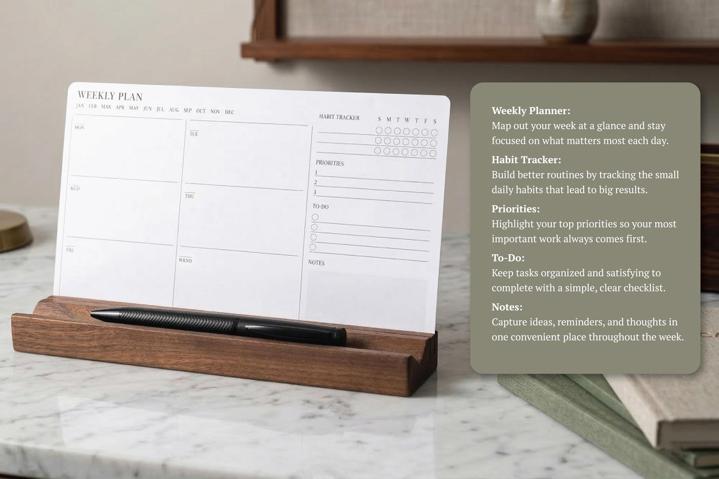 Minimalist Weekly Planner Desk Set – Solid Black Walnut Stand with Pen Tray, Double-Sided Planner & To-Do Cards (Walnut Stand and Planner Cards)