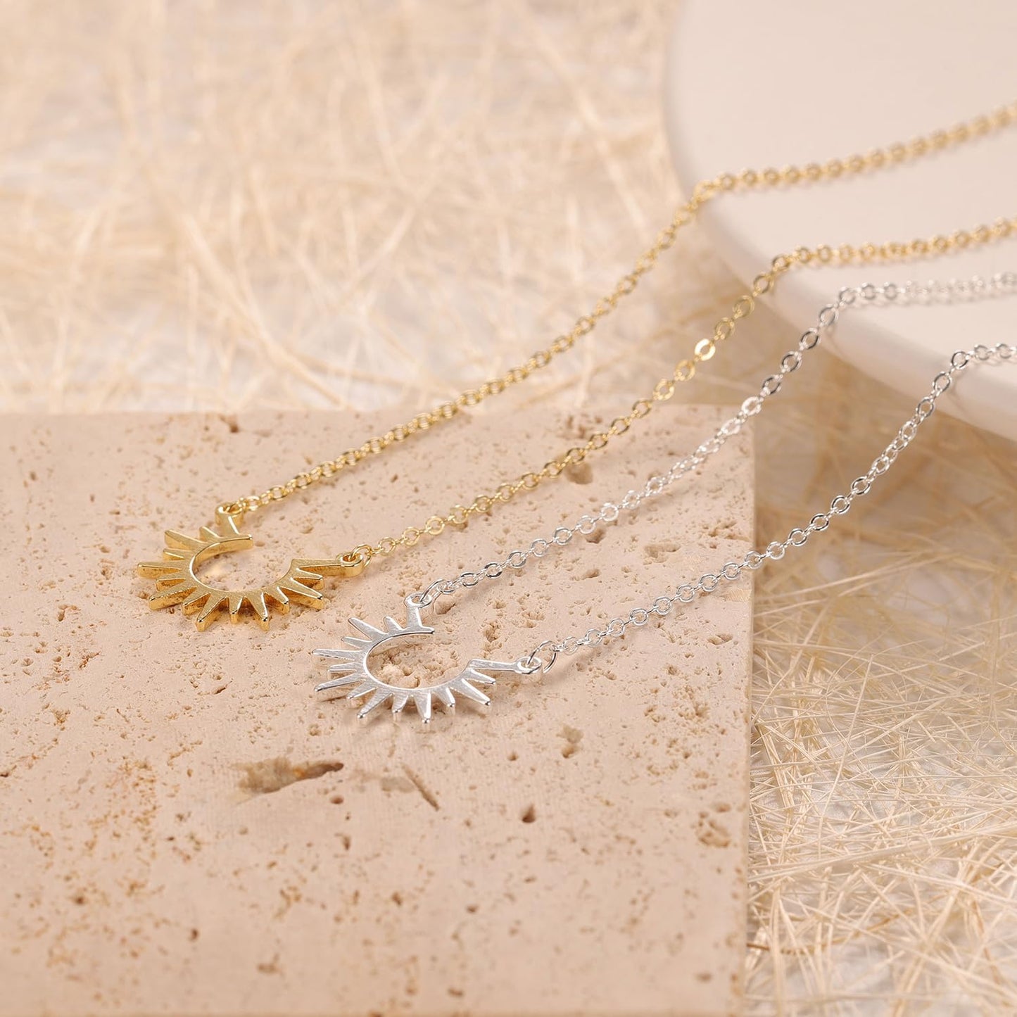 BSGRL Gold Necklace for Women-14K Gold Plated Dainty Sun Solar Light Pendant Necklace 16.5”+2” ext
