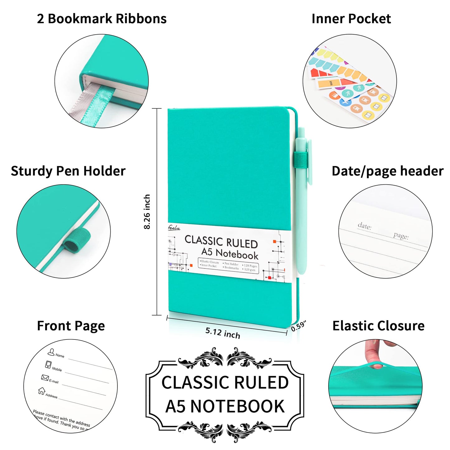 feela 24 Pack Journal Notebook Bulk for Work, Business Notebook Hardcover Lined Writing Journal with Pen Holder for Students Women Note Taking, with 24 Black Pens, 120 GSM, 5.1”x8.3”, A5, Solid Colors