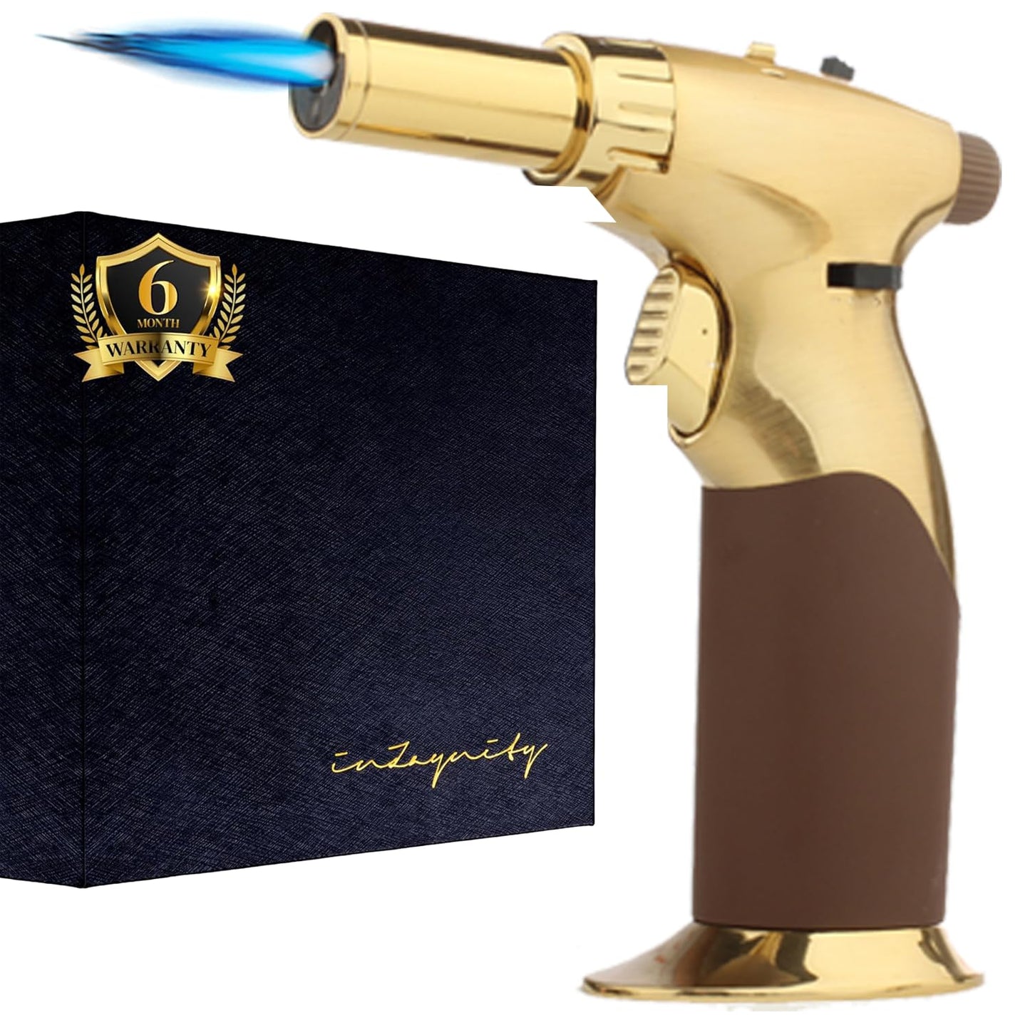 Dual Flame Butane Torch Gun - Refillable Luxury Hand Held Mini Blow Torch for Cooking, Creme Brulee, Soldering, Welding, & Resin Art - Adjustable Flame with Ignition Lock - Gold Brown by inZaynity®