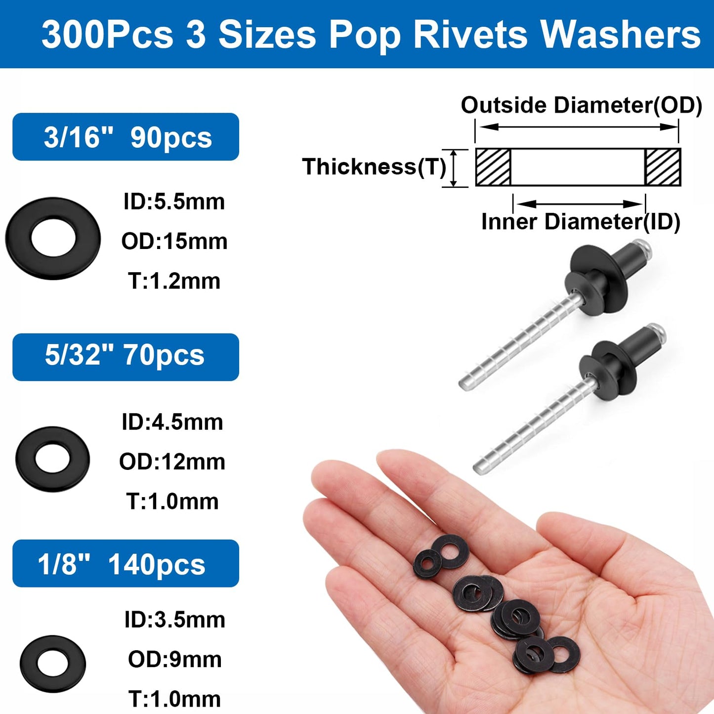 smseace 600Pcs Stainless Steel Black Pop Rivets with Washer Assortment Kit 8-Sizes Stainless Rivets(1/8Inch 5/32Inch 3/16Inch) for Metal,Furniture,Automotive,Instruments
