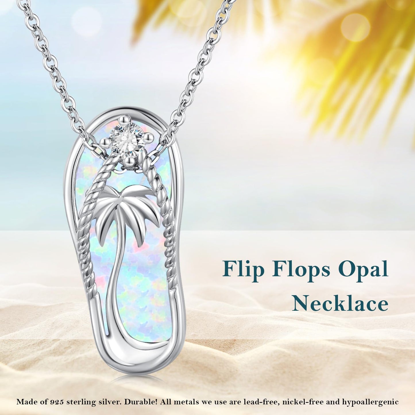 Midir&Etain Flip Flop Necklace 925 Sterling Silver Palm Tree Hawaiian Pendant White Opal Suffer Sea Necklace Flip-Flop White Opal Jewelry for Women Prime