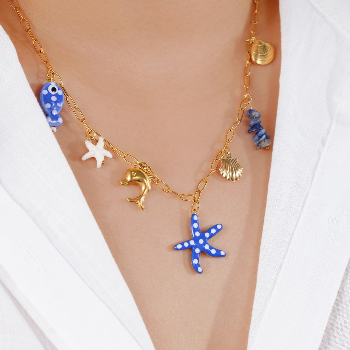 Chunky Gold Necklace Statement Boho Beach Ocean Summer Stainless Steel Jewelry Shell Starfish Turquoise Dolphin Pearl Sun Flower Wave Heart Fish Charm Choker Necklaces for Women(Blue Starfish)