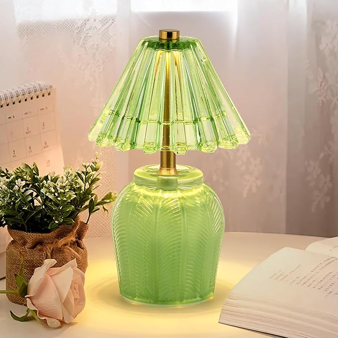 Small Battery Operated Lamp with Timer, Tiny Cordless Glass Table Lamp for Home Decor, Kitchen, Bathroom, Birthday Gift for Women, Cream Green