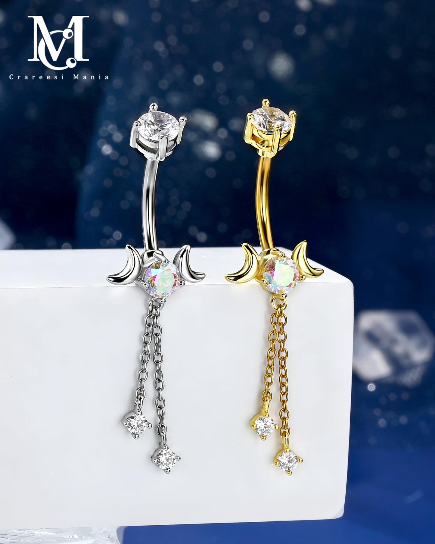 CM Crareesi Mania Dangle Belly Button Rings 14G Dangle Chain Belly Rings Moon Phase 316L Surgical Steel Belly Piercing Jewelry 10mm