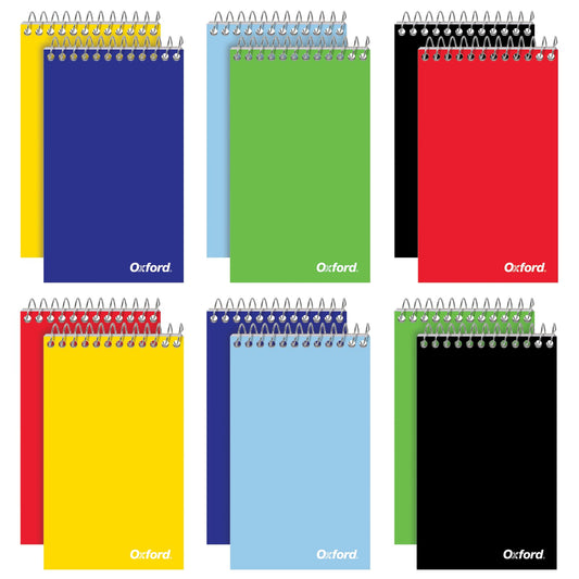 Oxford Spiral Memo Pads, Top Wire Bound, 3 x 5 Inch Pocket Notepad, College Ruled, 6 Assorted Primary Colors, 75 Sheets, 12 Pack (25092)